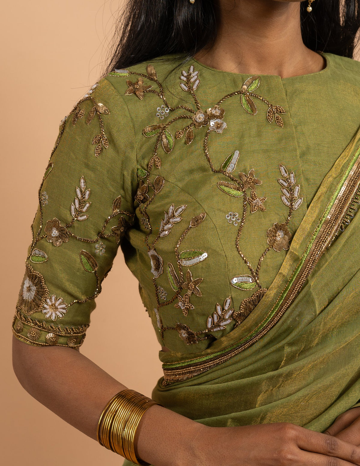 Olive green zardozi floral saree – Silk