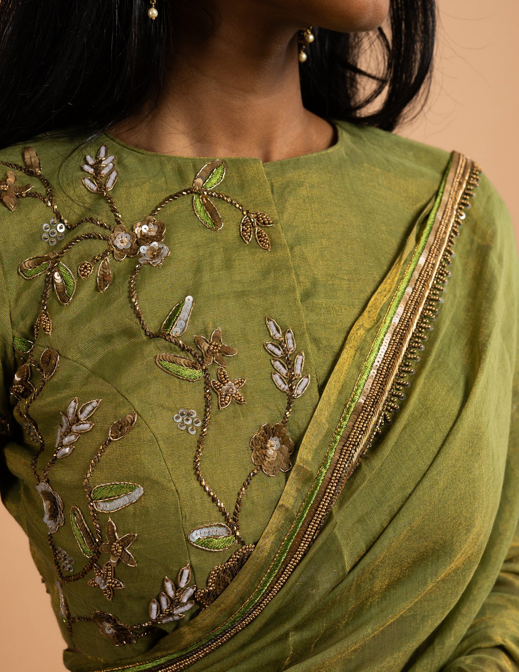 Olive green zardozi floral saree – Silk