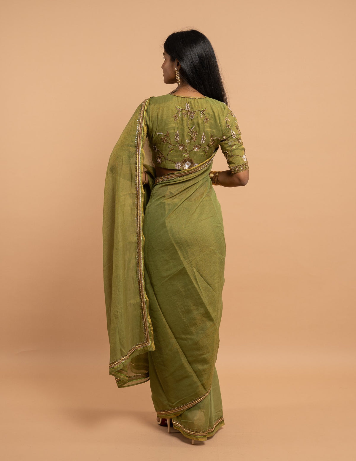 Olive green zardozi floral saree – Silk