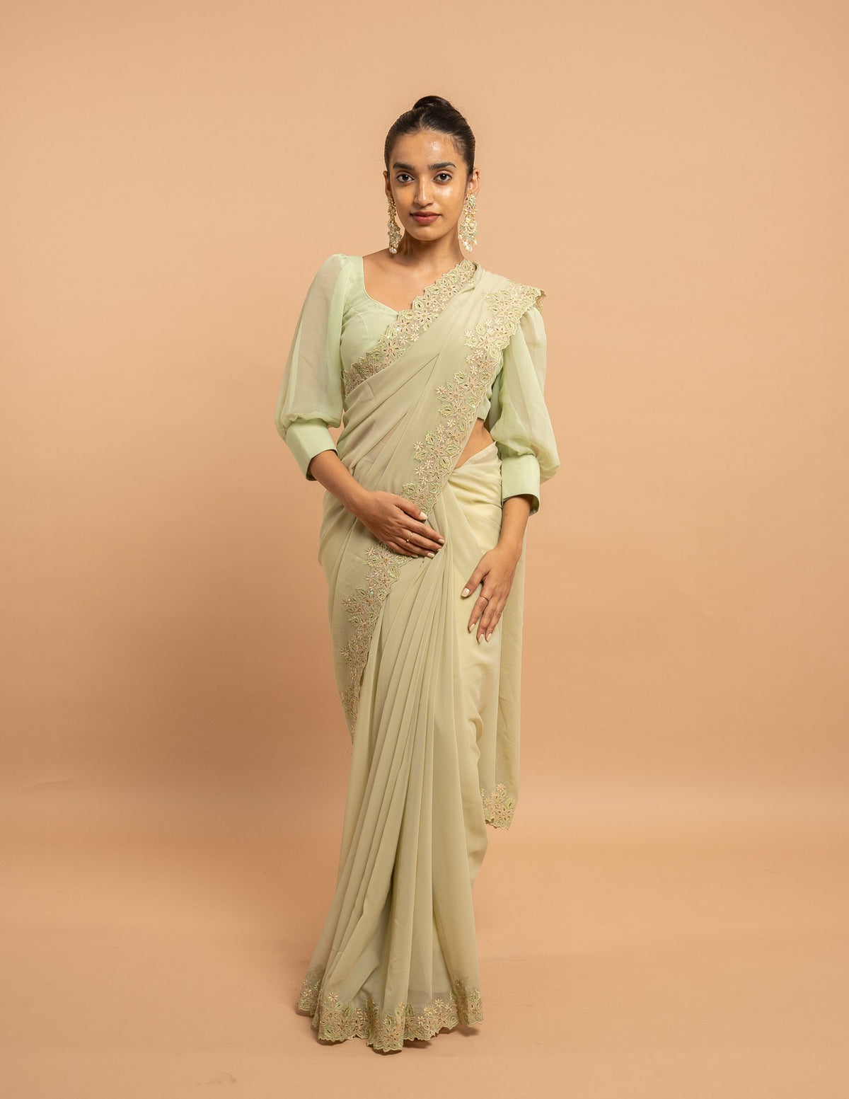 Pistachio floral cutwork saree – Georgette silk