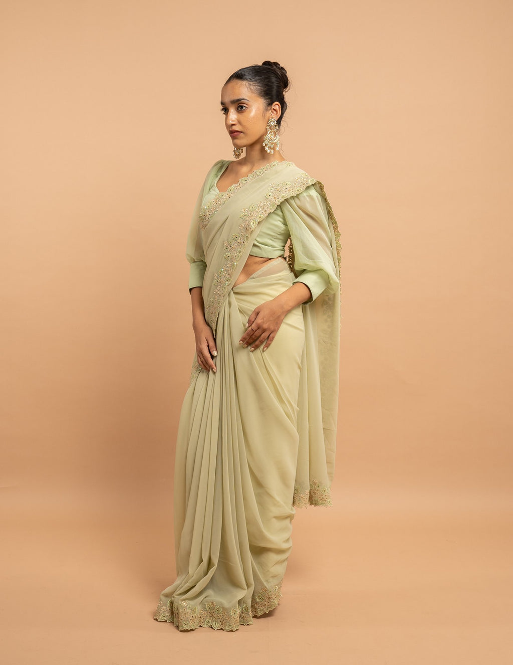 Pistachio floral cutwork saree – Georgette silk