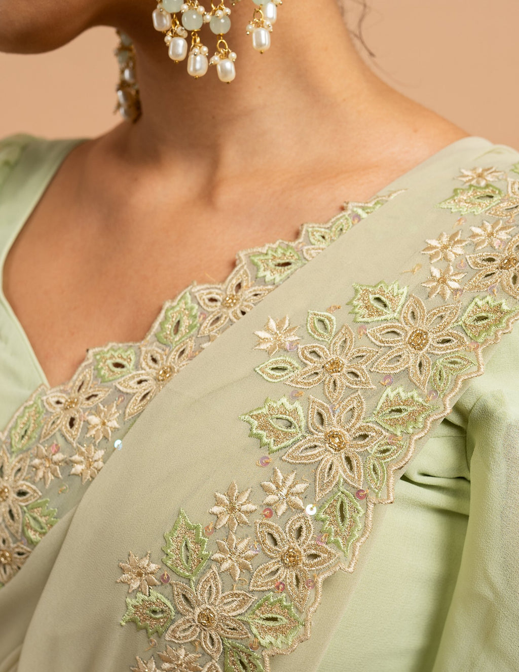 Pistachio floral cutwork saree – Georgette silk