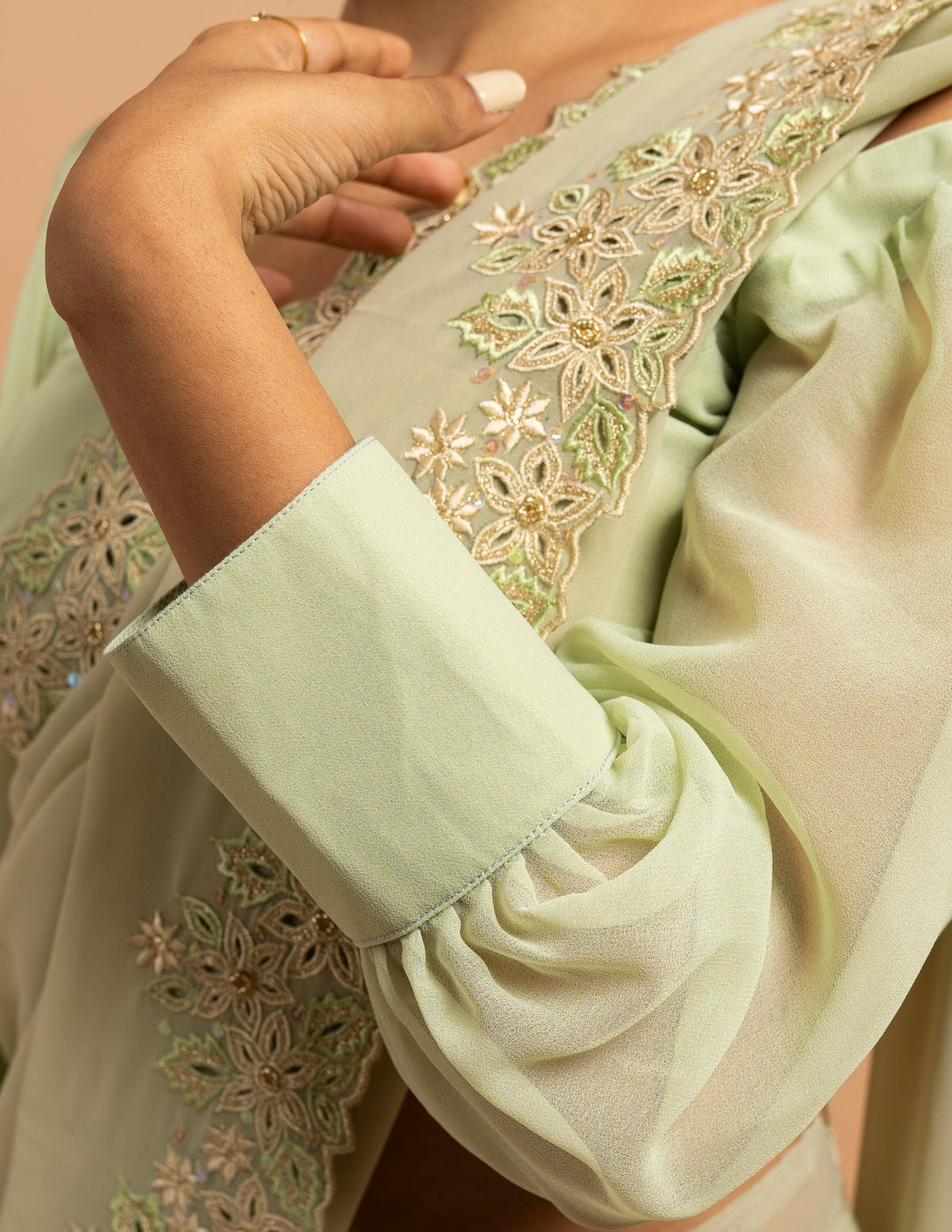 Pistachio floral cutwork saree – Georgette silk