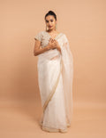White pearl net and gold border saree – Organza silk