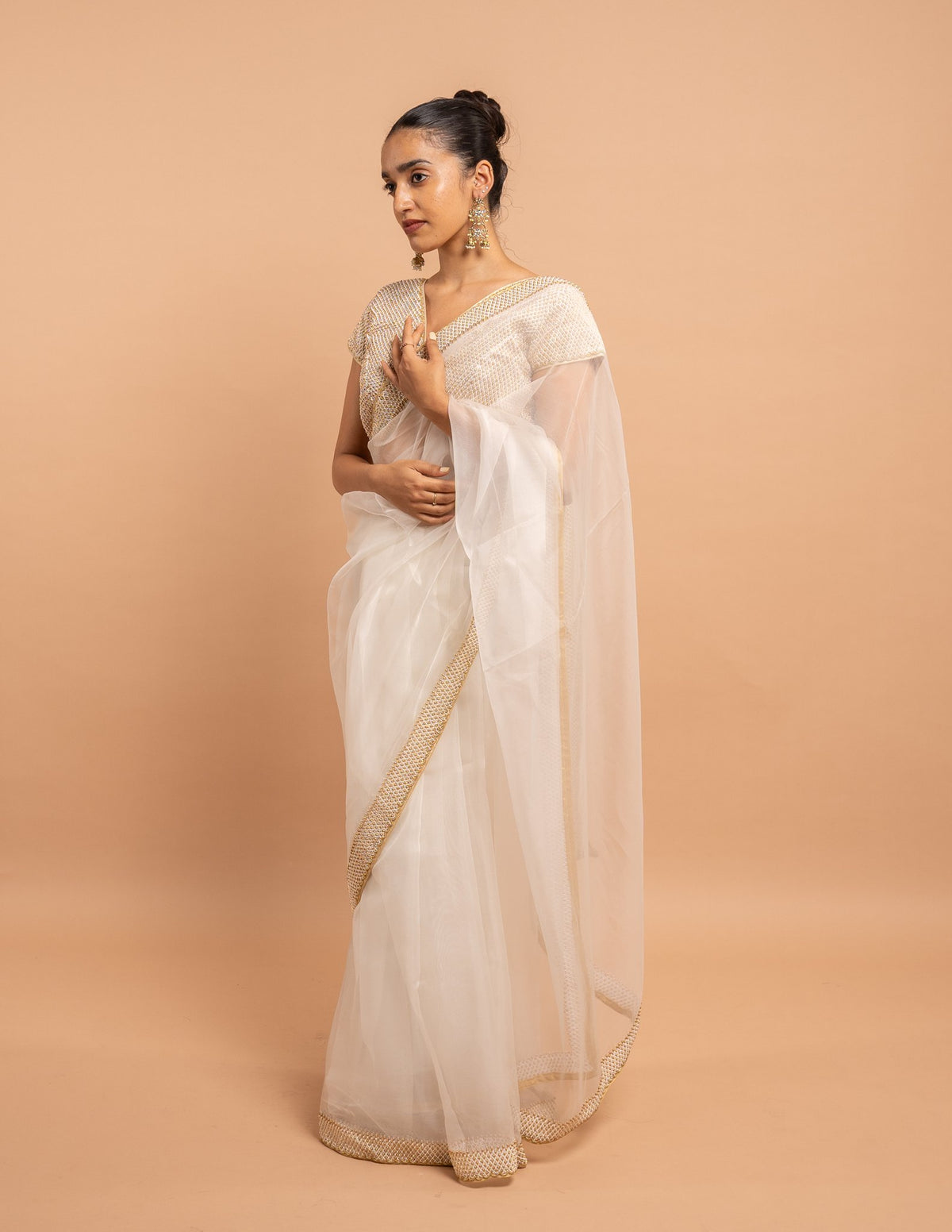 White pearl net and gold border saree – Organza silk
