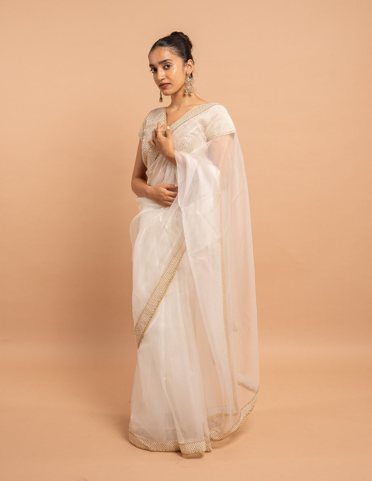 White pearl net and gold border saree – Organza silk
