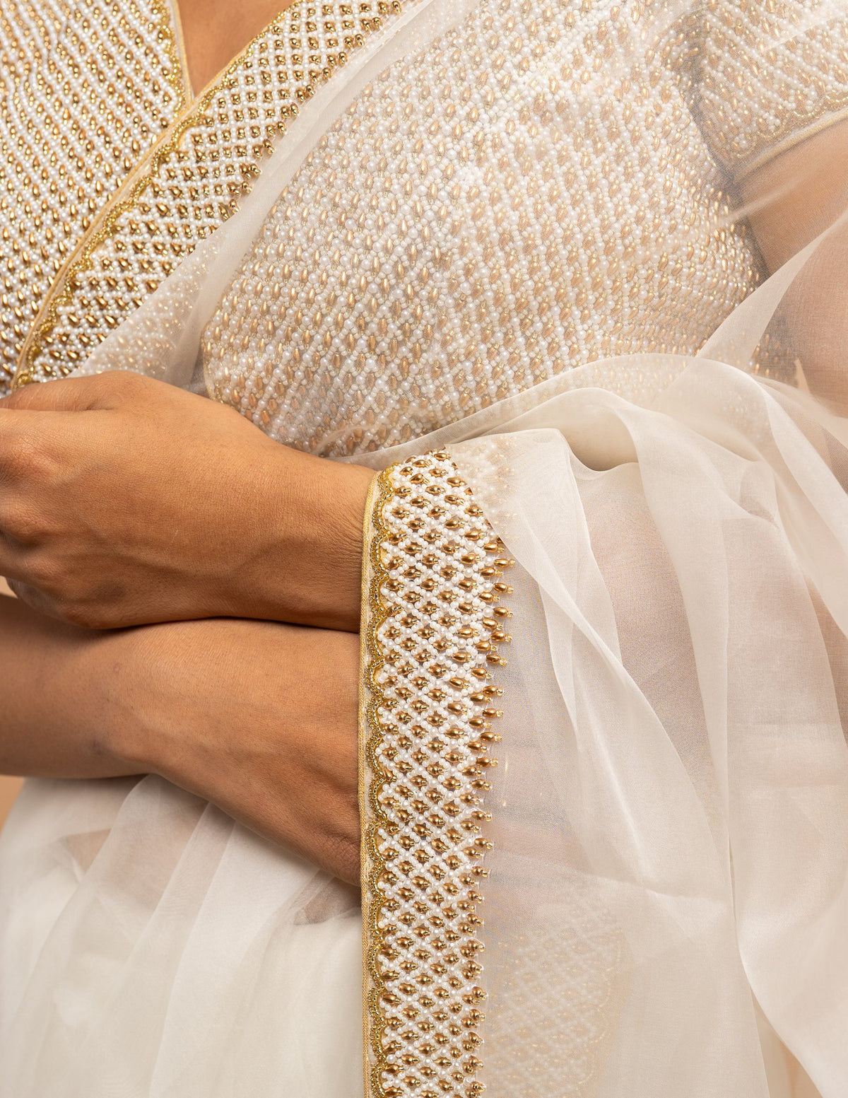 White pearl net and gold border saree – Organza silk