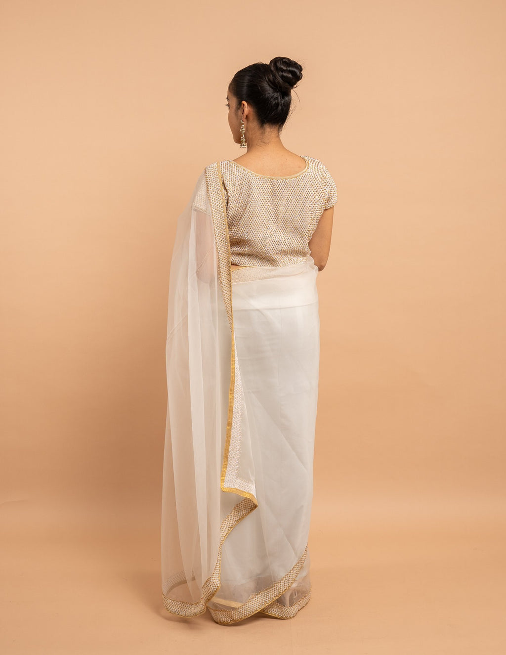 White pearl net and gold border saree – Organza silk