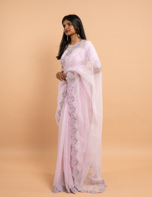 Baby pink floral cutwork saree – Organza silk