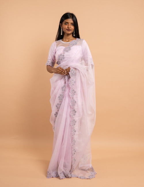 Baby pink floral cutwork saree – Organza silk