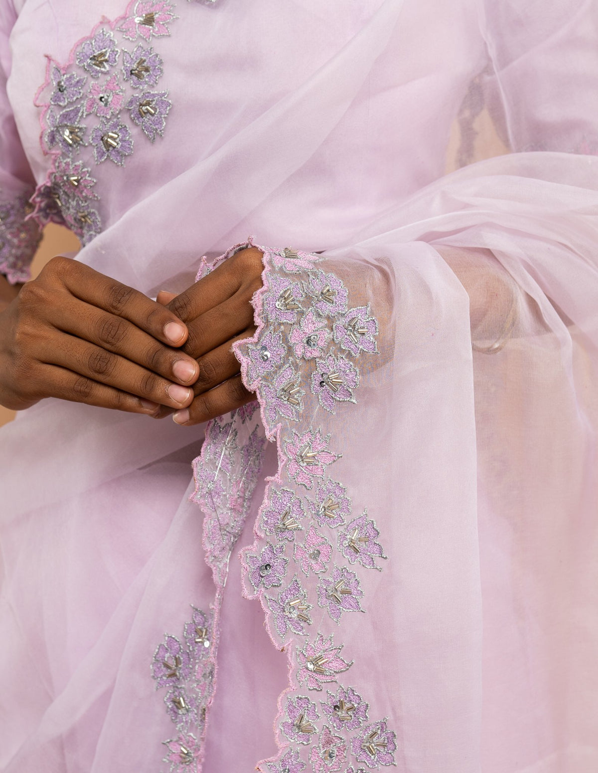Baby pink floral cutwork saree – Organza silk