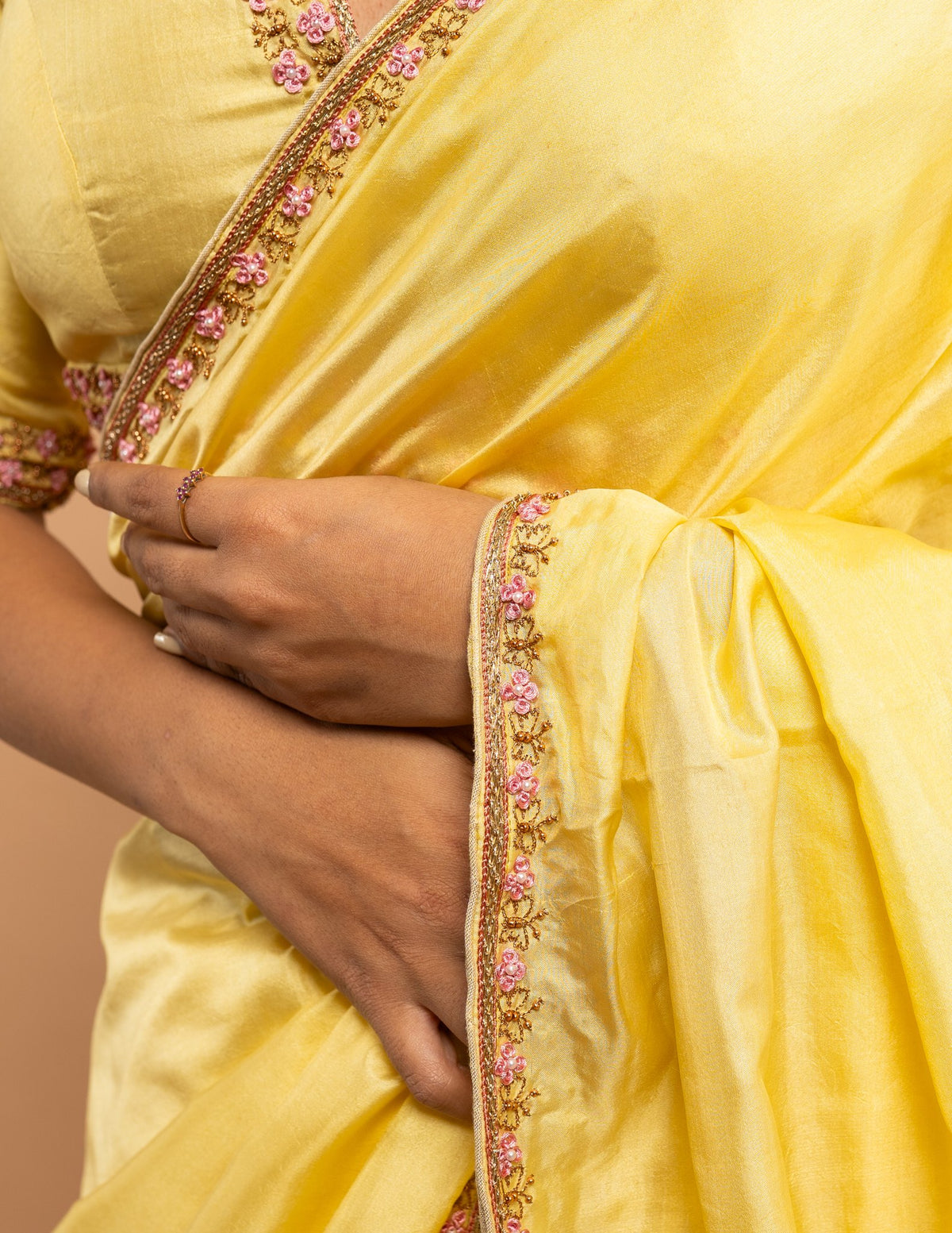 Yellow floral border and butterfly zardozi saree – Silk