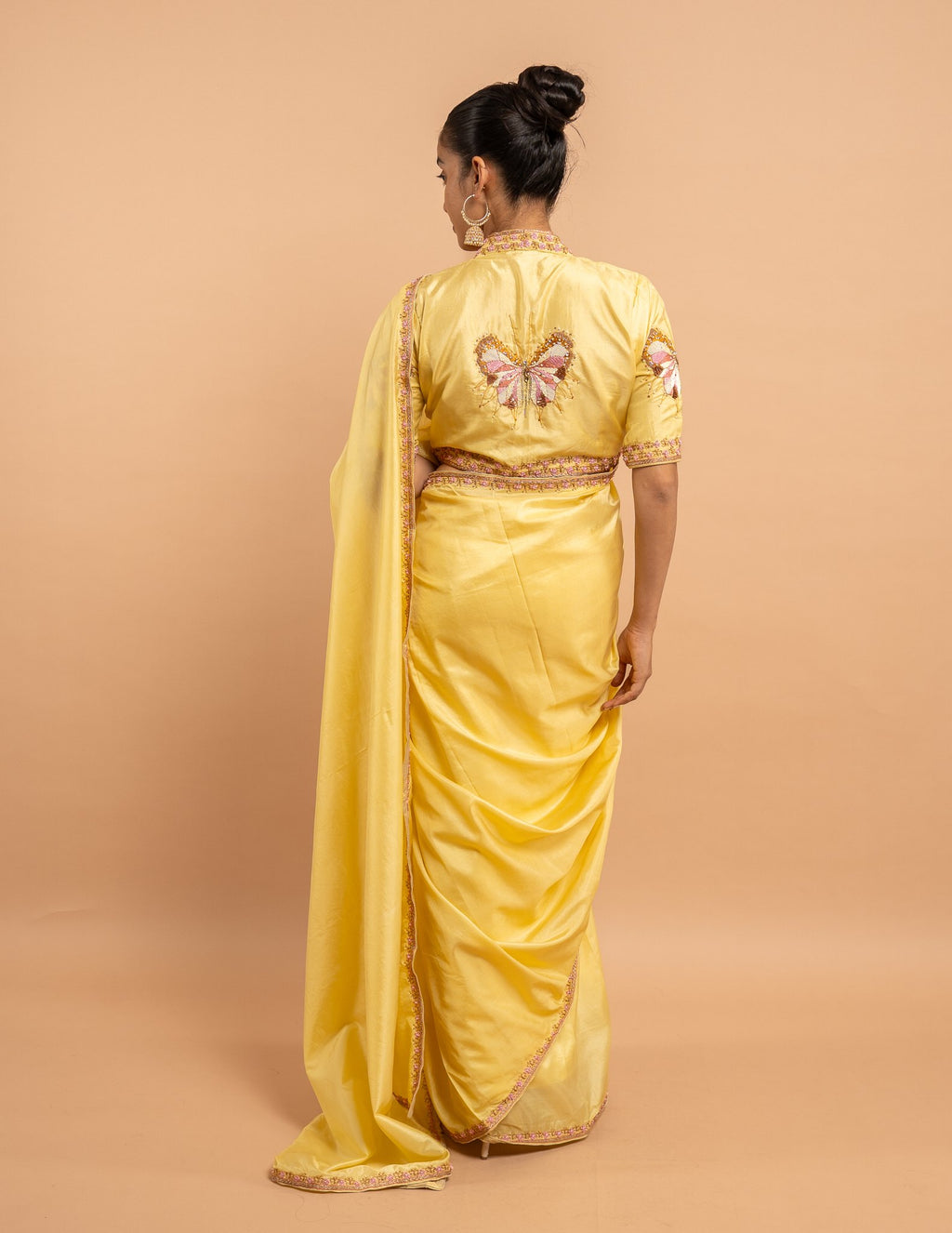 Yellow floral border and butterfly zardozi saree – Silk