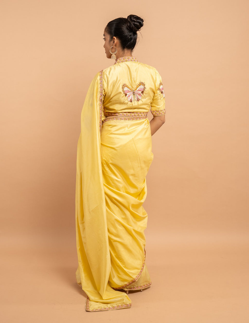 Yellow floral border and butterfly zardozi saree – Silk