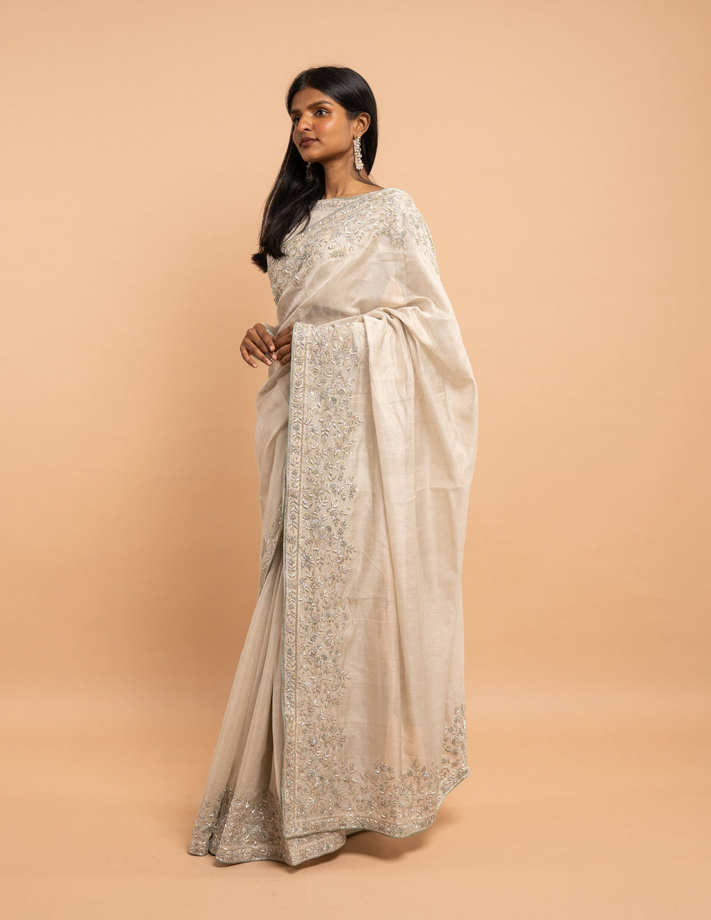 Ivory all-over silver zardozi saree – Tissue silk