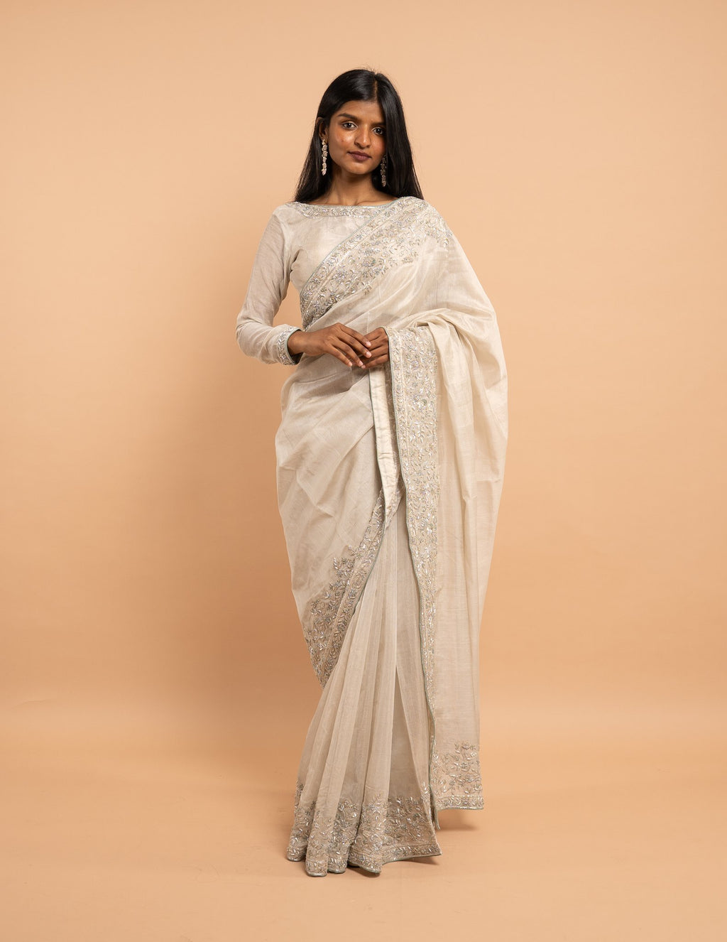 Ivory all-over silver zardozi saree – Tissue silk
