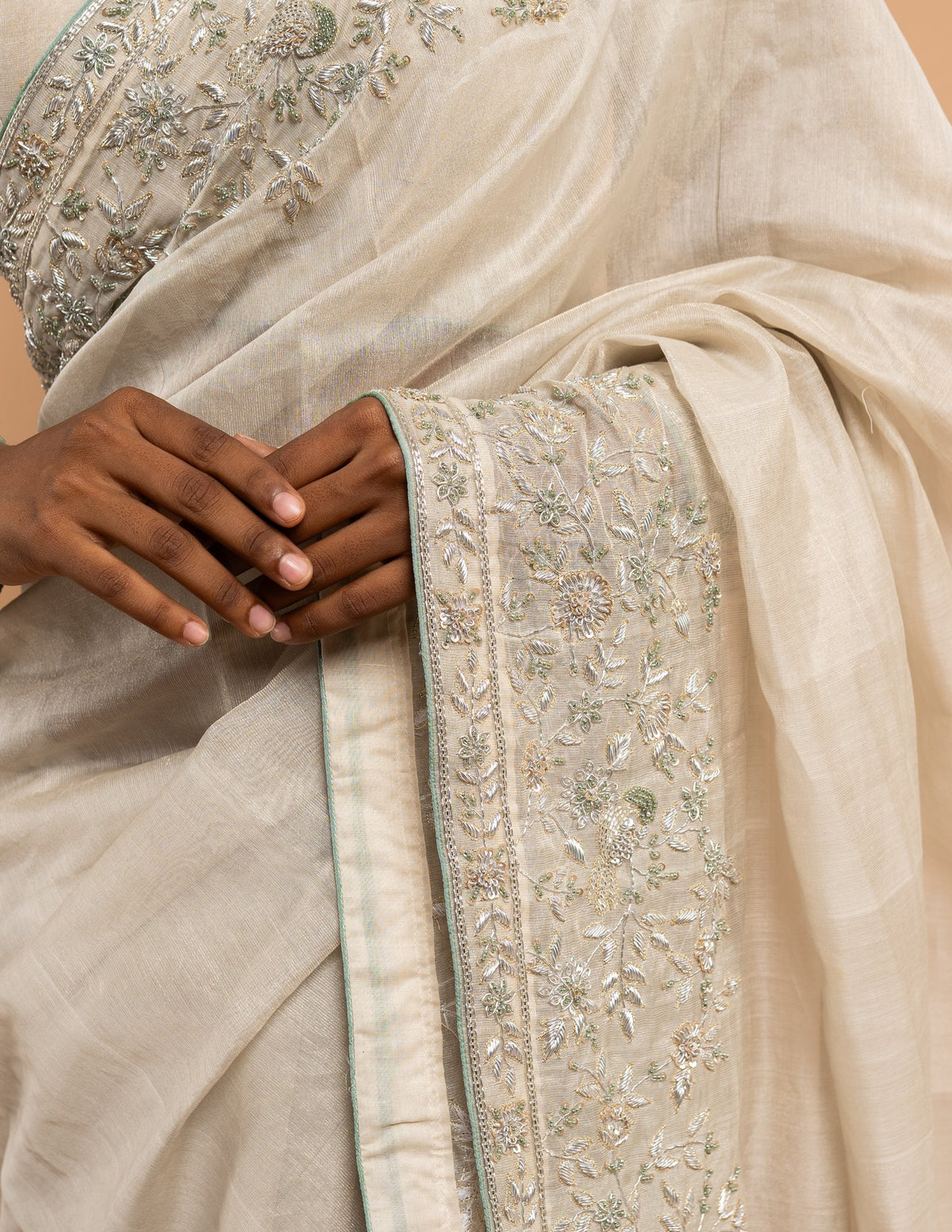 Ivory all-over silver zardozi saree – Tissue silk