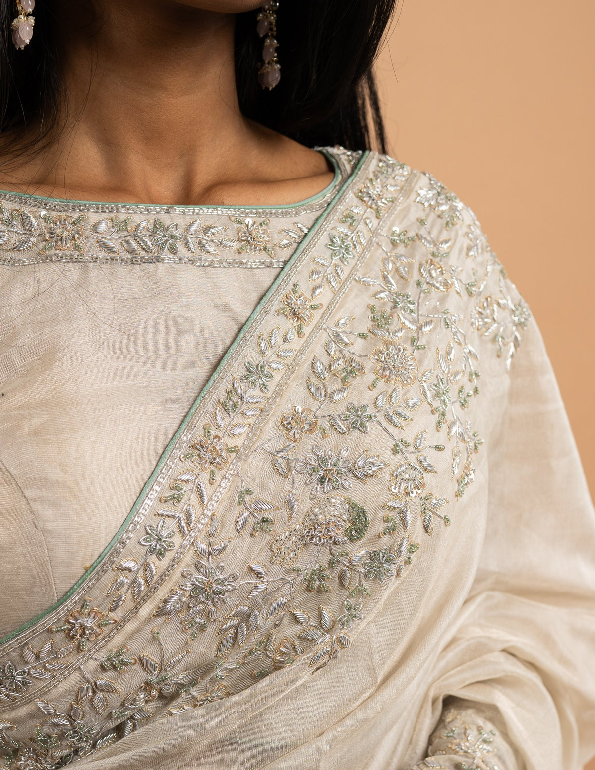 Ivory all-over silver zardozi saree – Tissue silk