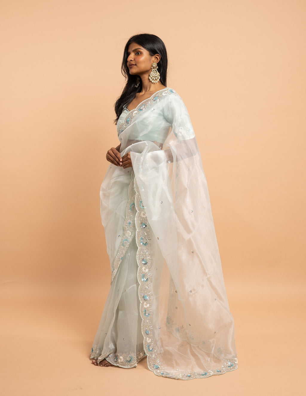 Ice blue floral sequin saree – Organza silk