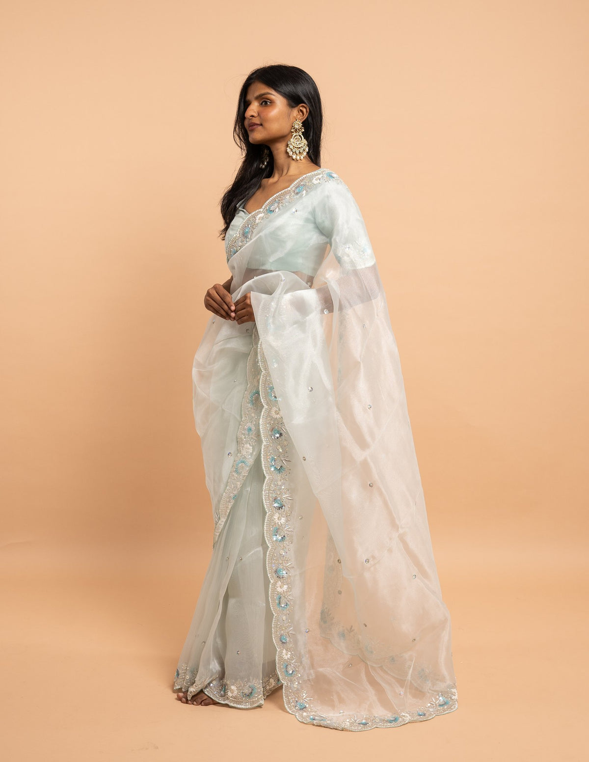 Ice blue floral sequin saree – Organza silk