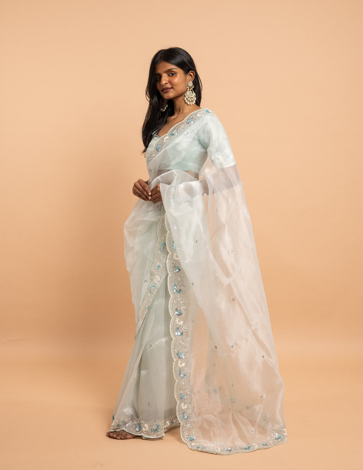 Ice blue floral sequin saree – Organza silk