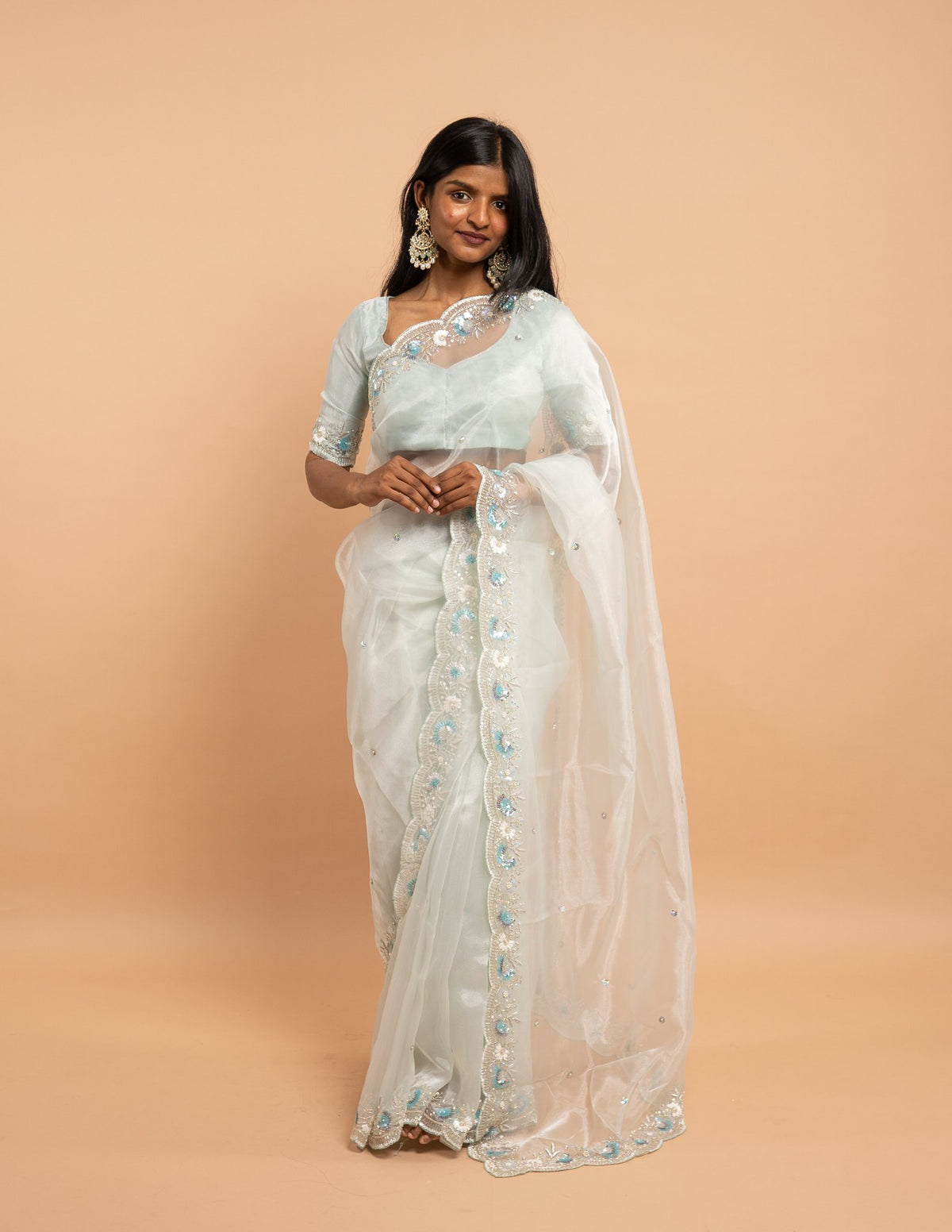 Ice blue floral sequin saree – Organza silk