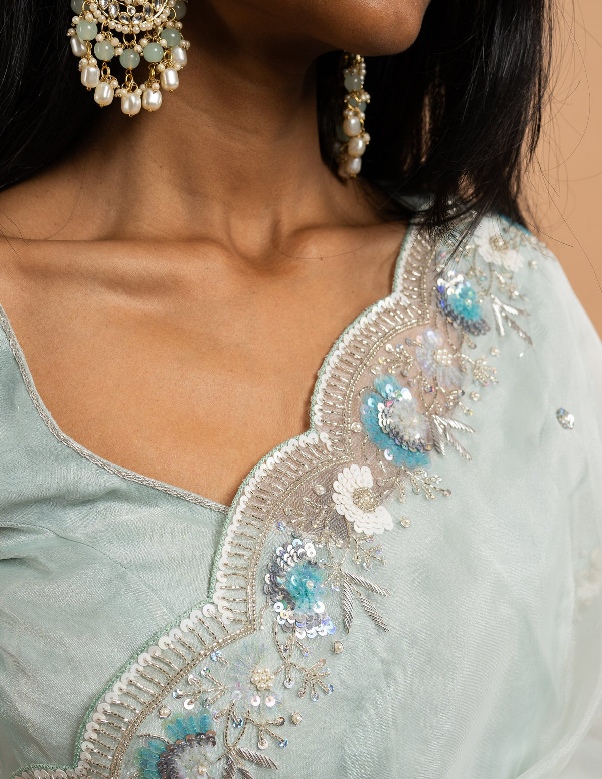 Ice blue floral sequin saree – Organza silk