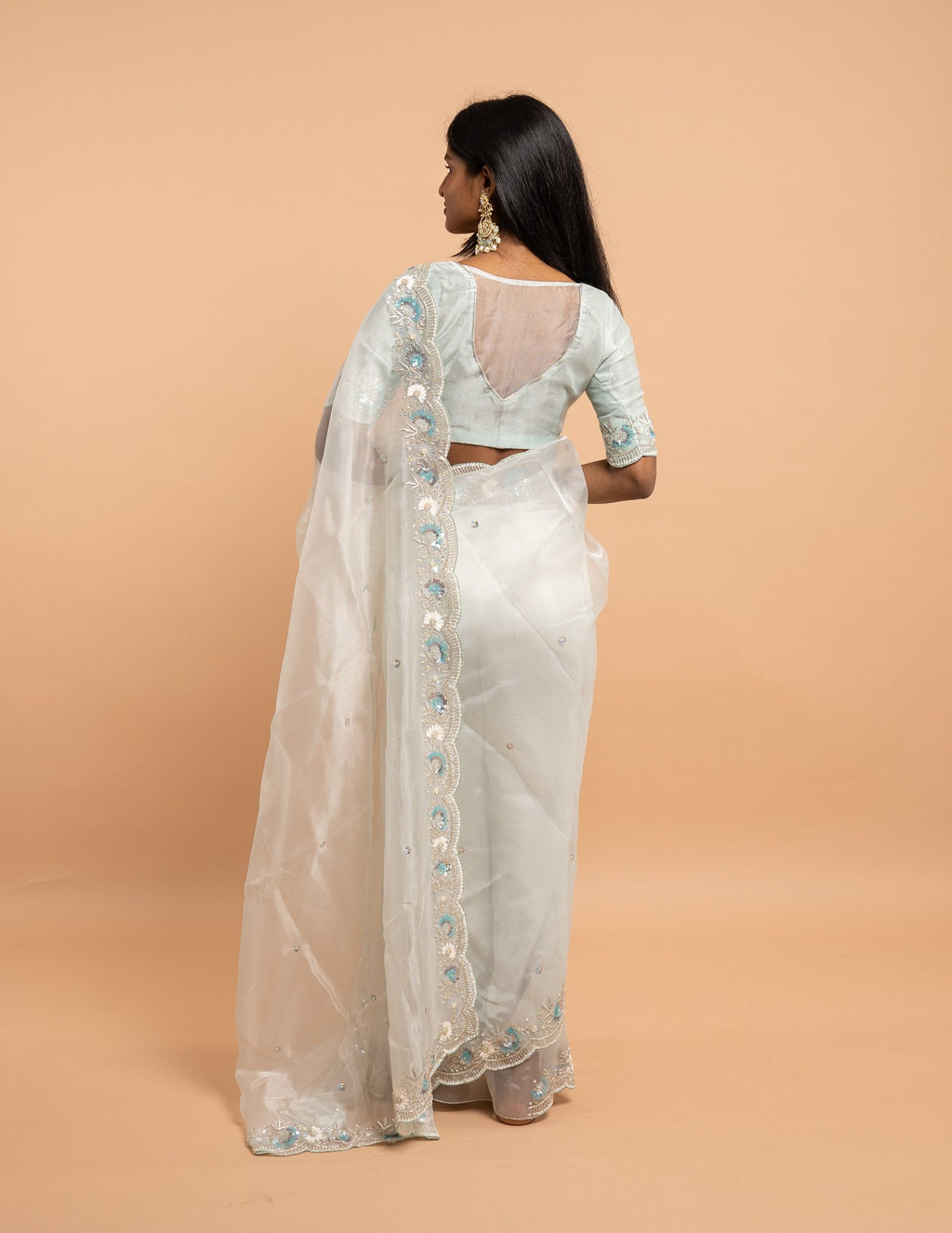 Ice blue floral sequin saree – Organza silk