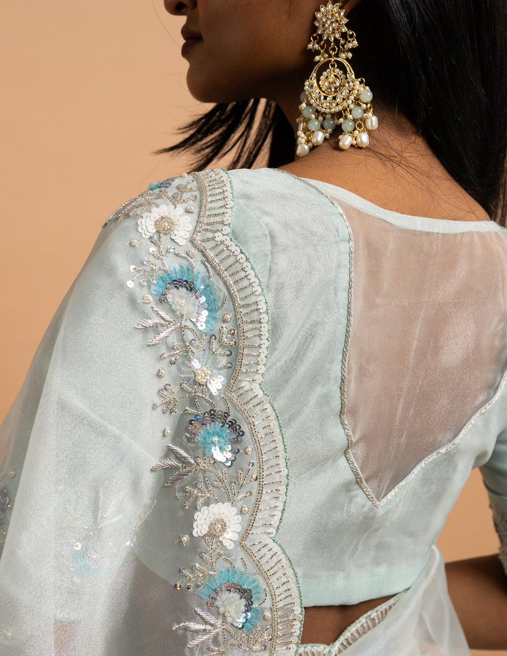 Ice blue floral sequin saree – Organza silk