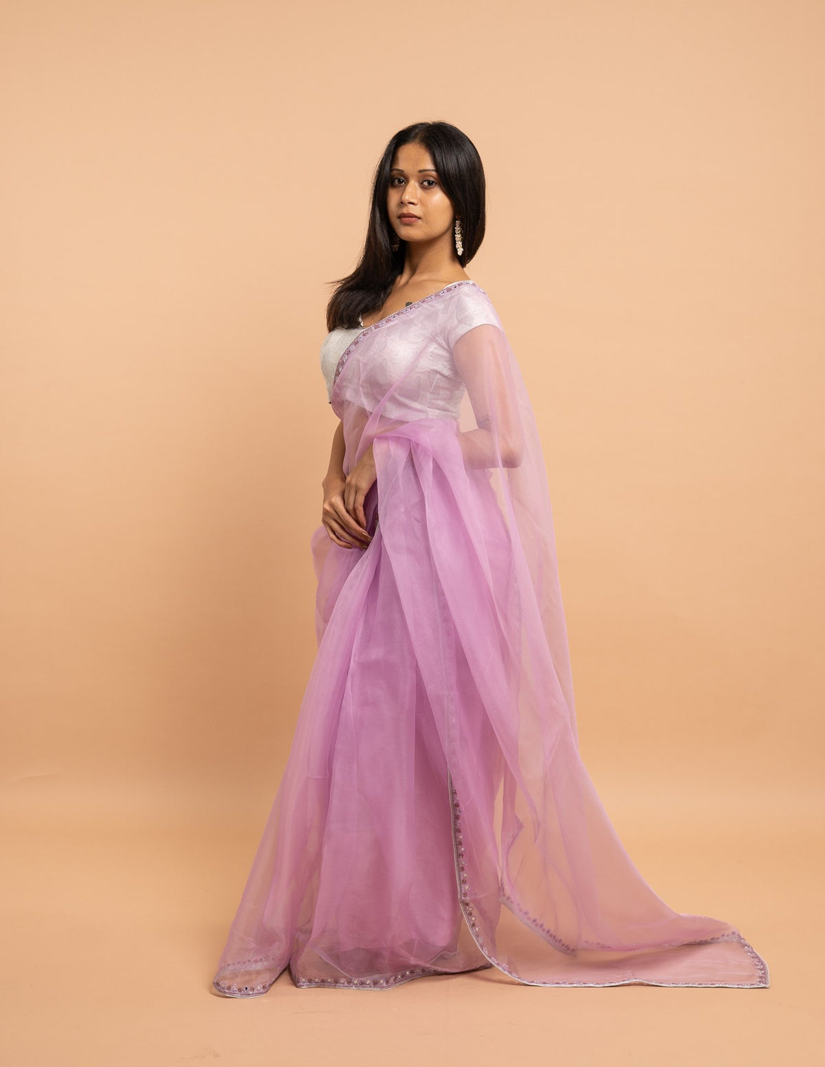 Orchid lilac sequin border saree – Organza silk