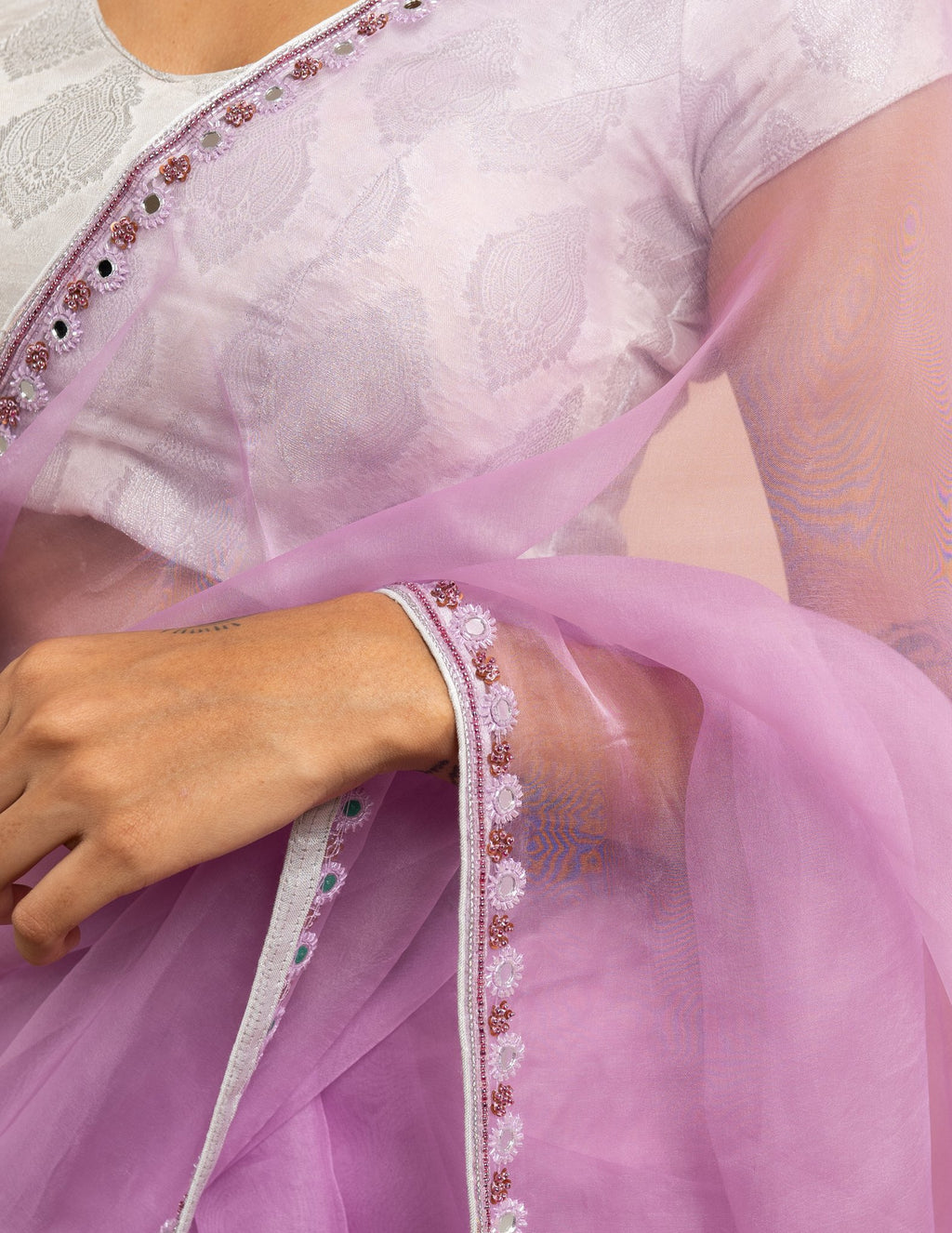Orchid lilac sequin border saree – Organza silk