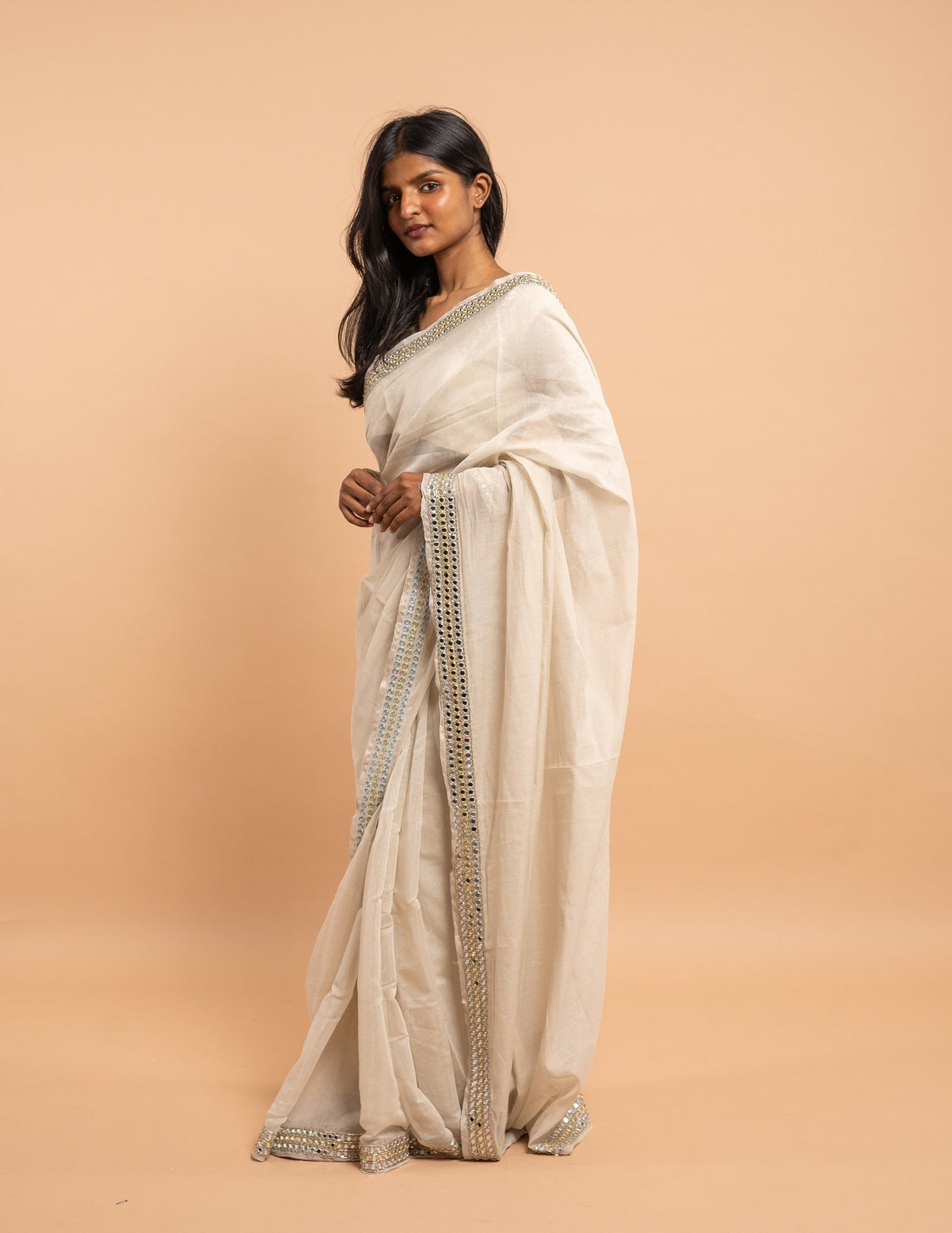 Ivory mirror border saree – Tissue silk