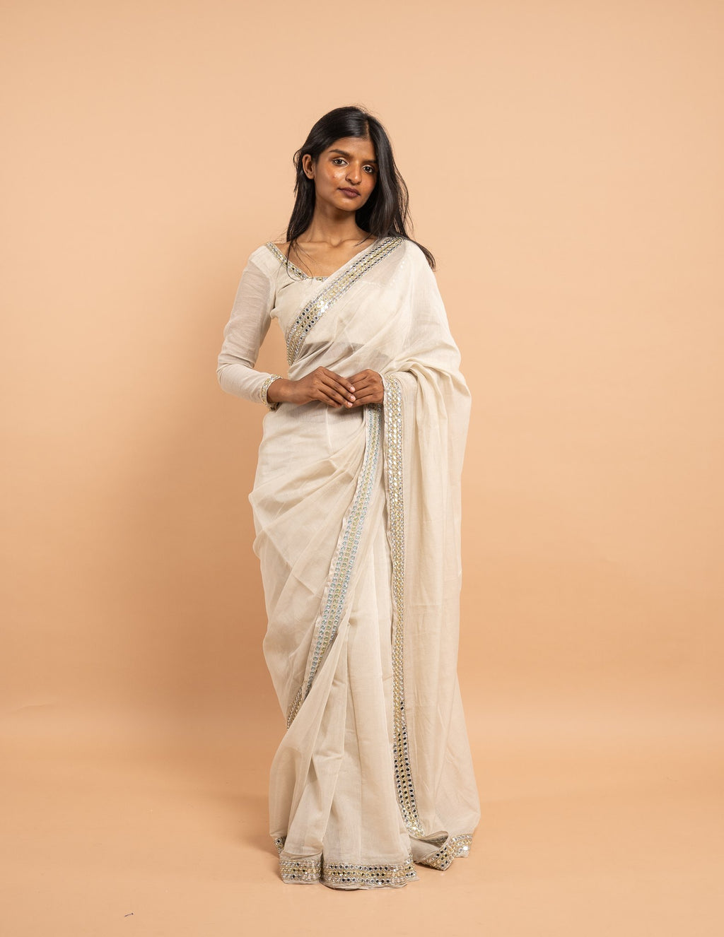 Ivory mirror border saree – Tissue silk
