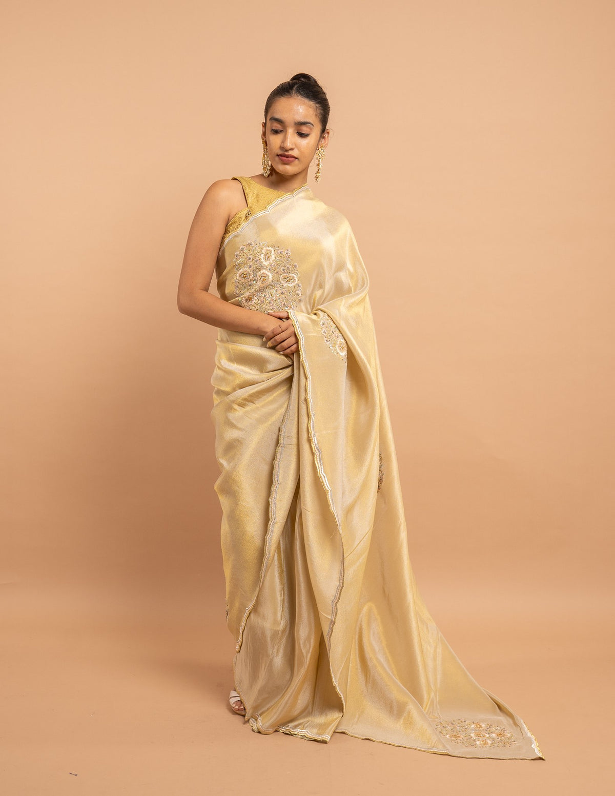 Gold zardozi floral motif saree – Tissue silk