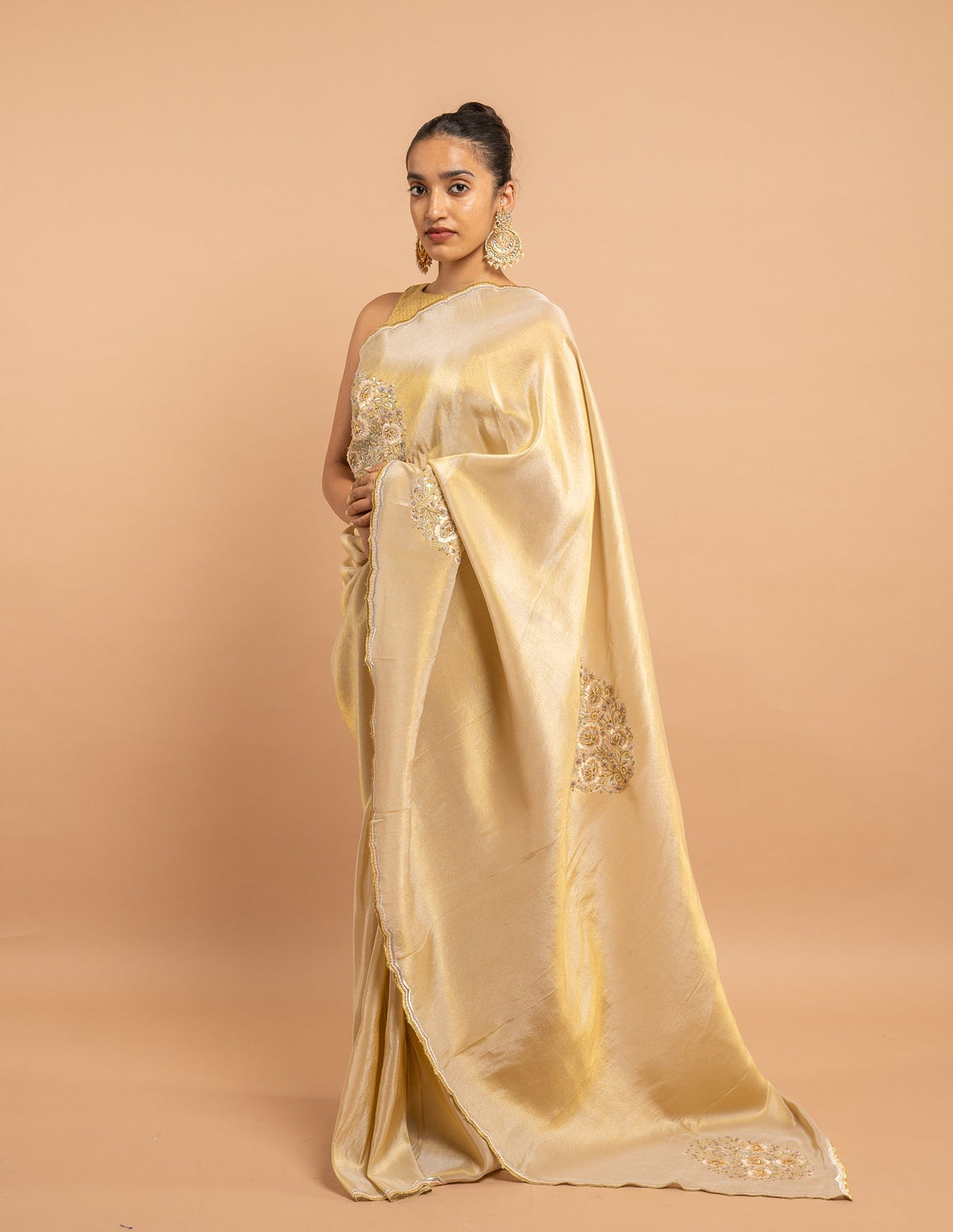 Gold zardozi floral motif saree – Tissue silk