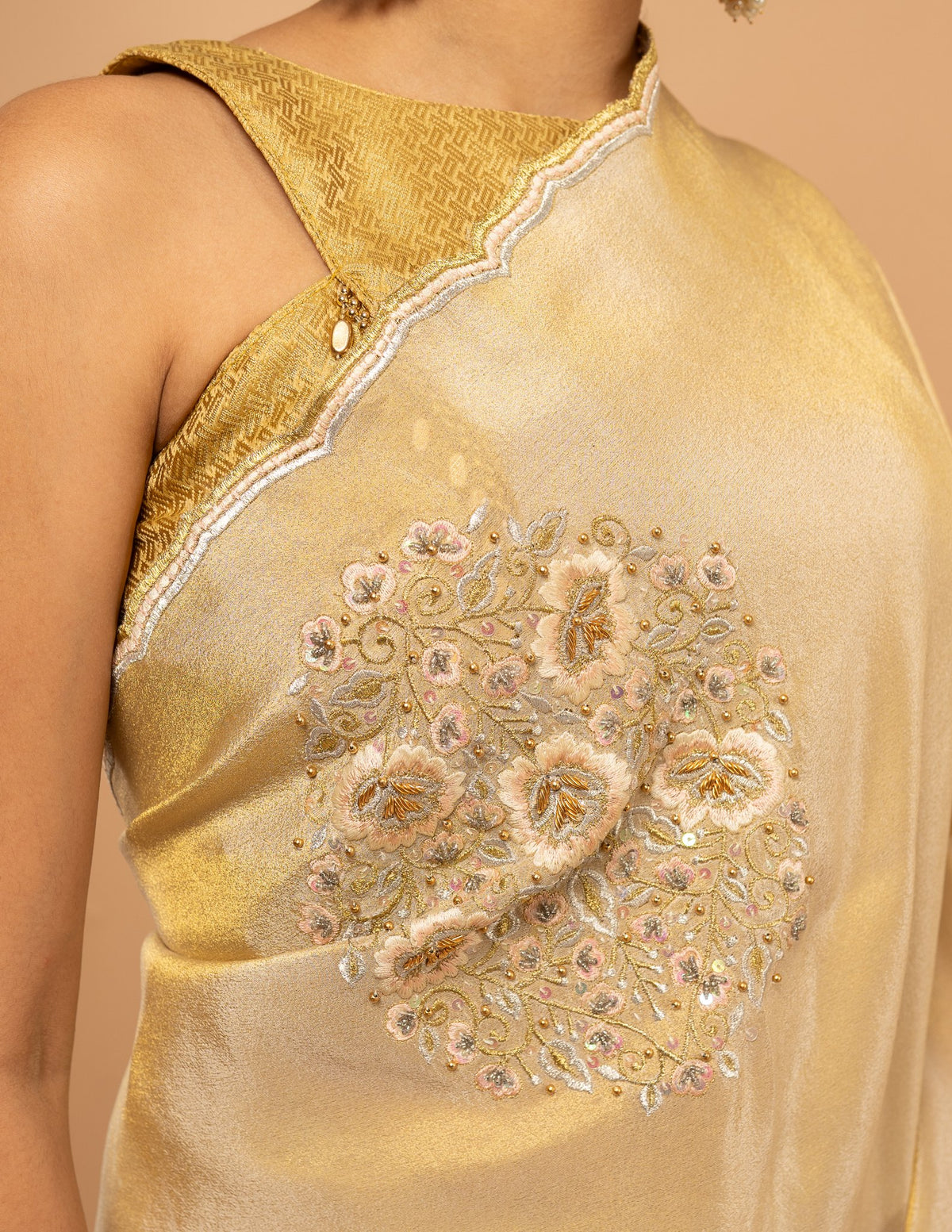 Gold zardozi floral motif saree – Tissue silk