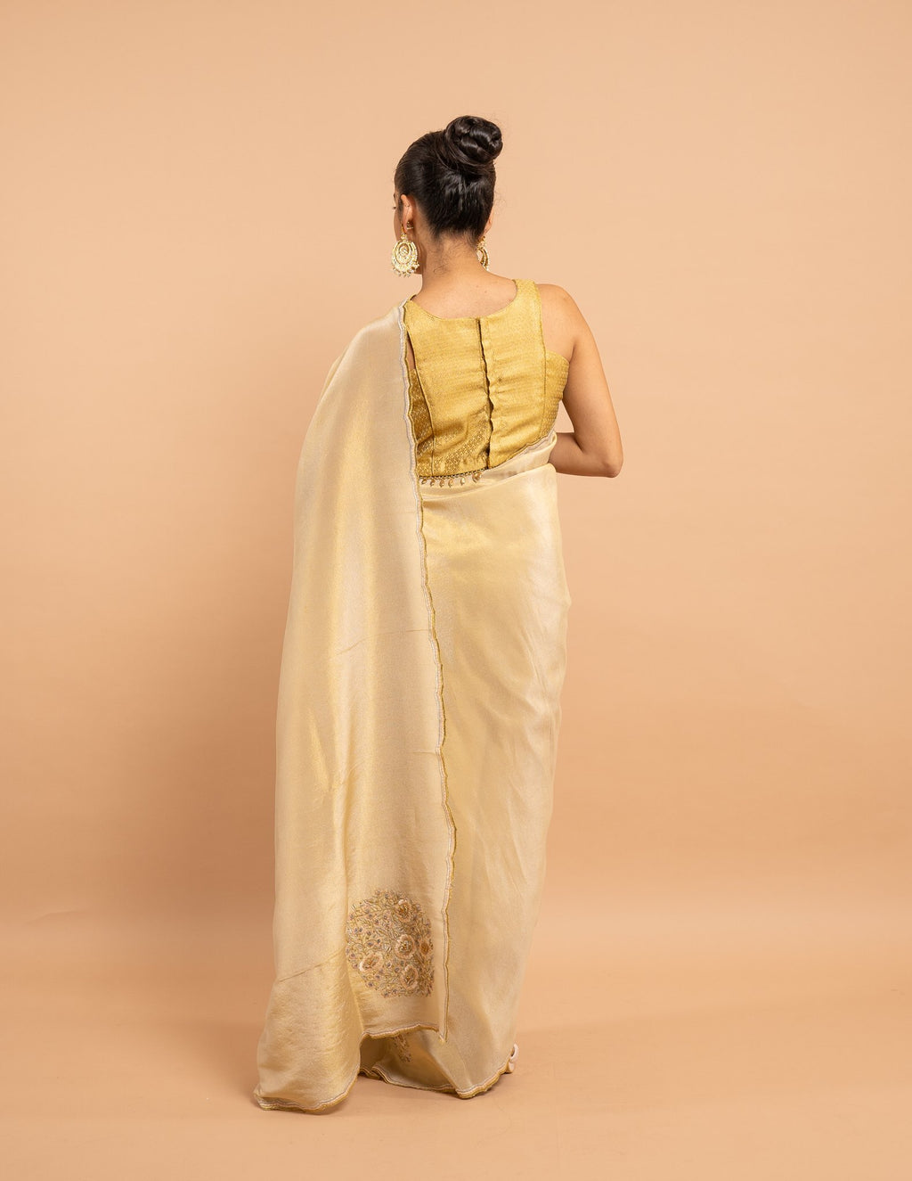 Gold zardozi floral motif saree – Tissue silk