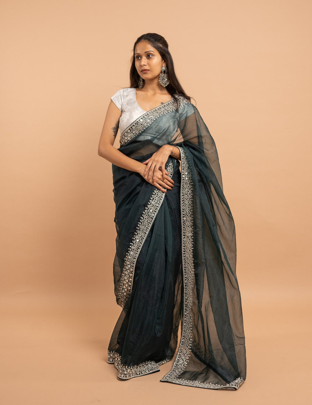 Emerald silver embroidered saree – Net silk