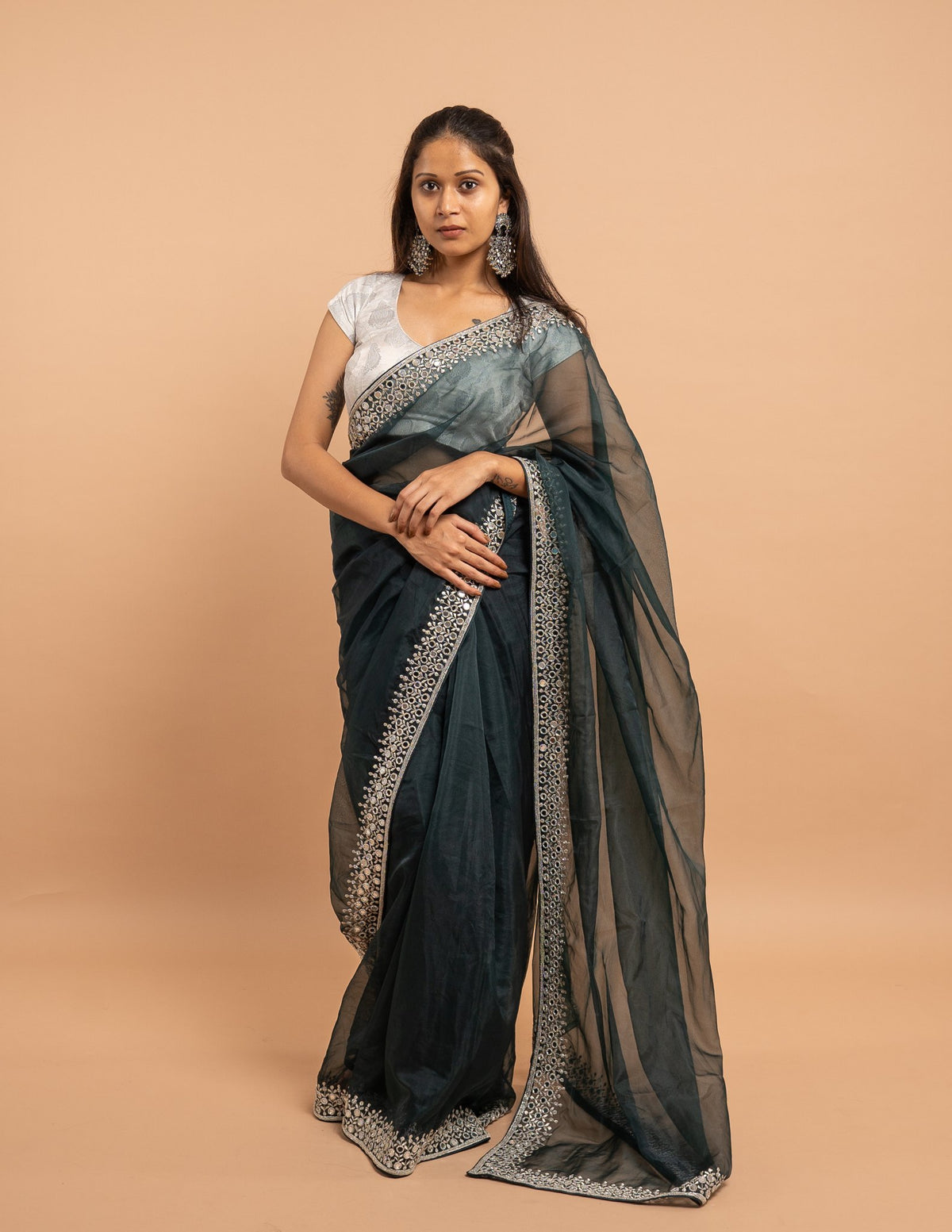 Emerald silver embroidered saree – Net silk