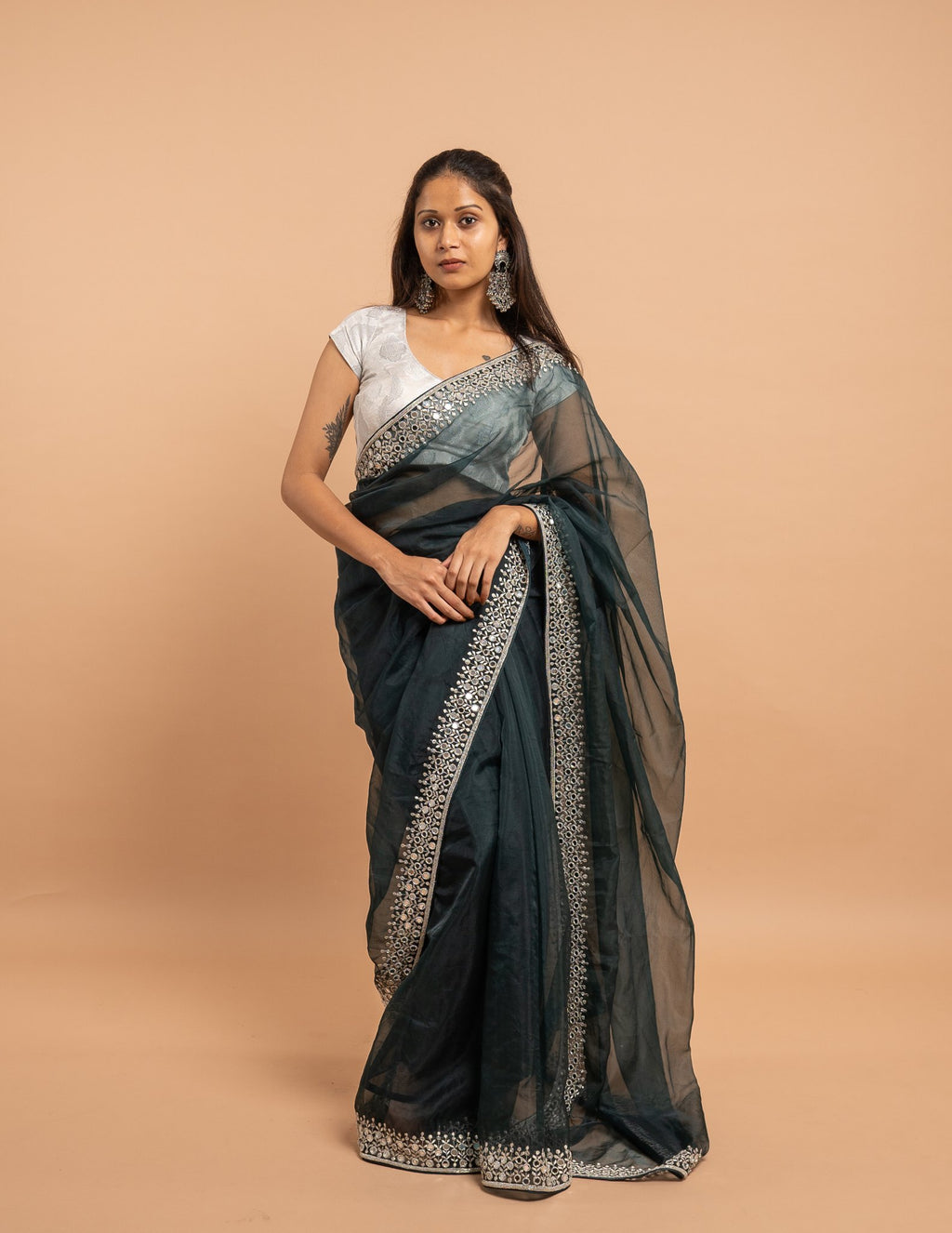 Emerald silver embroidered saree – Net silk