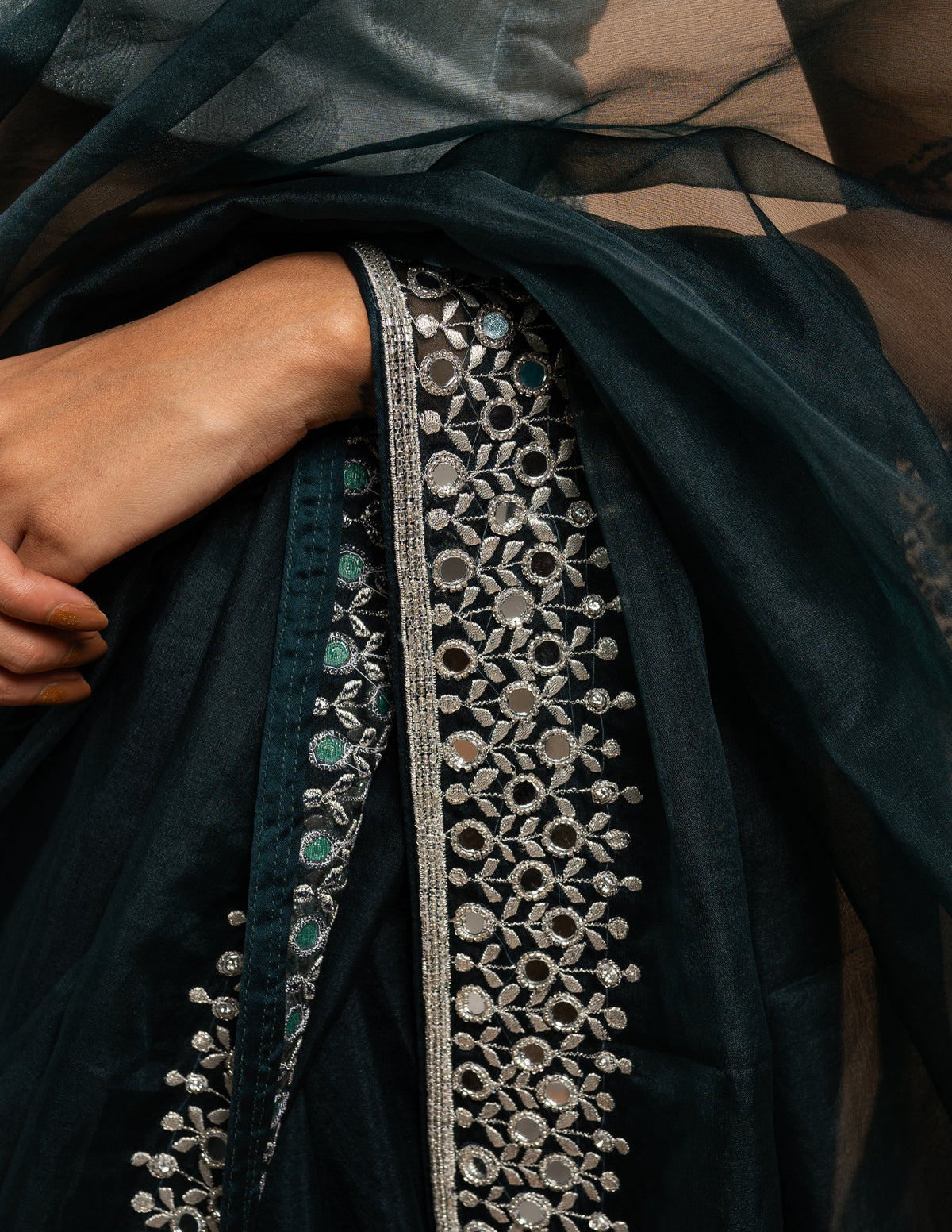 Emerald silver embroidered saree – Net silk