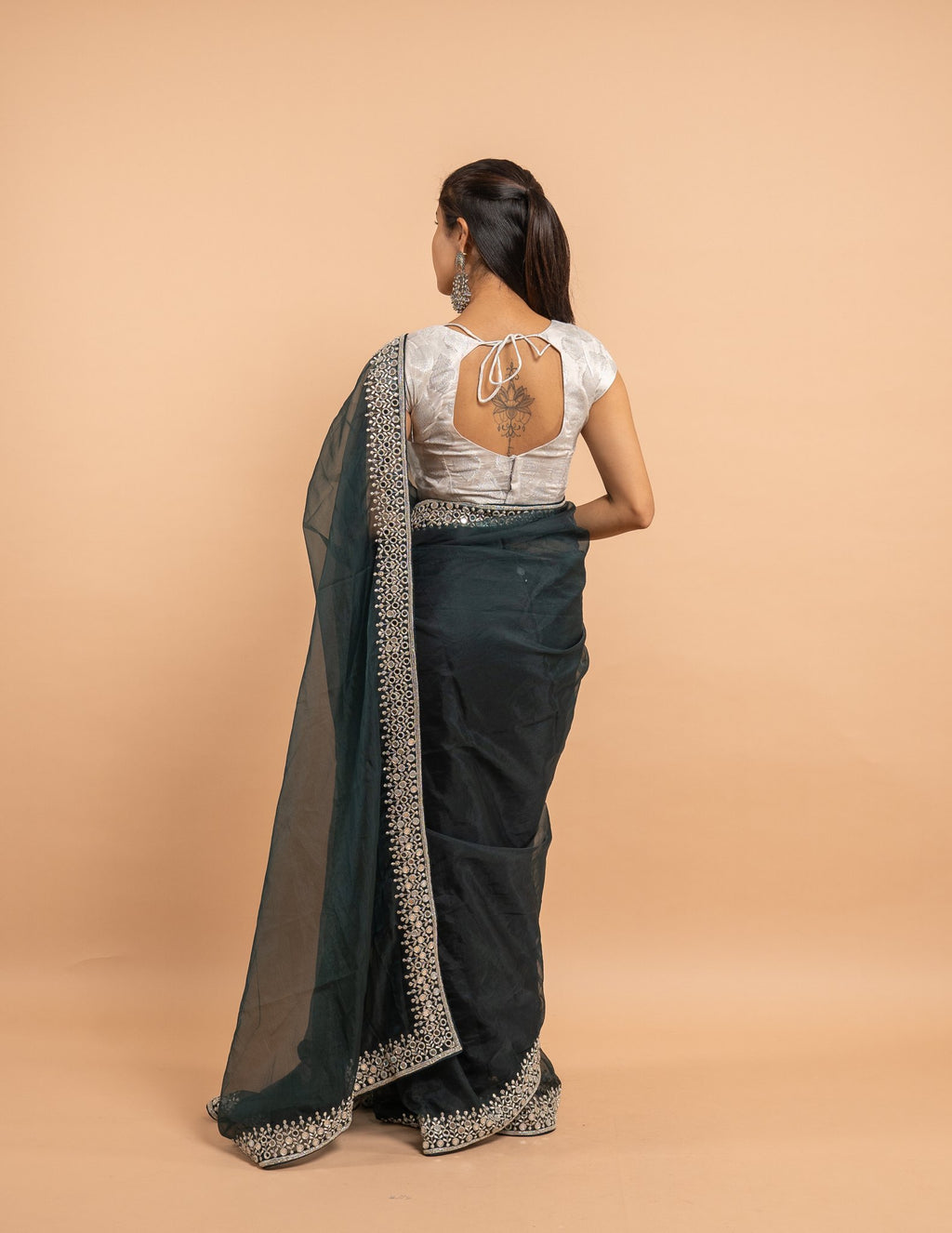 Emerald silver embroidered saree – Net silk