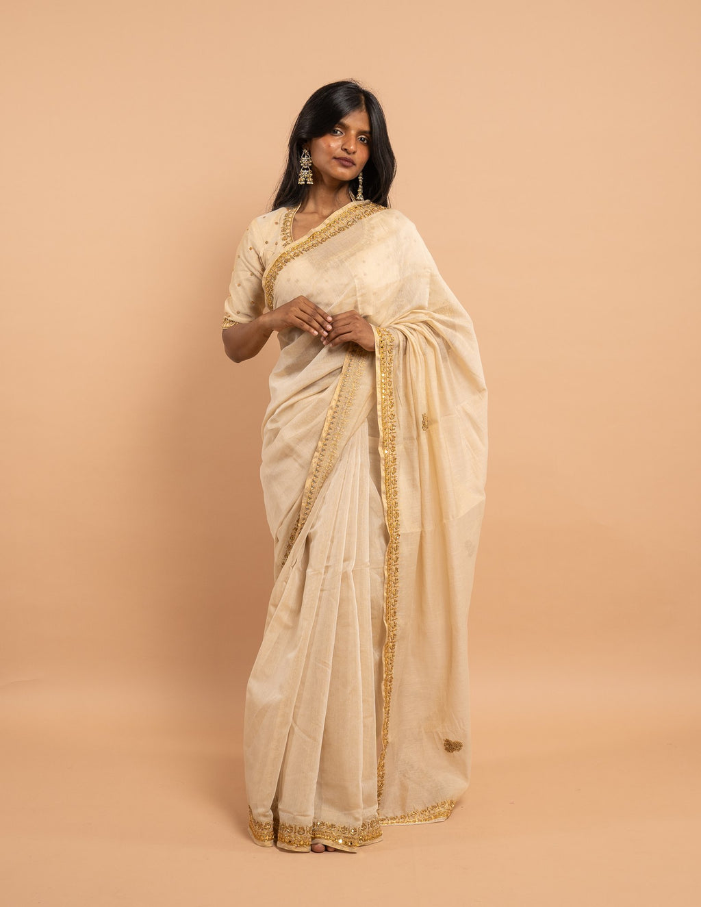 Cream gold zari and mirror saree – Tissue silk