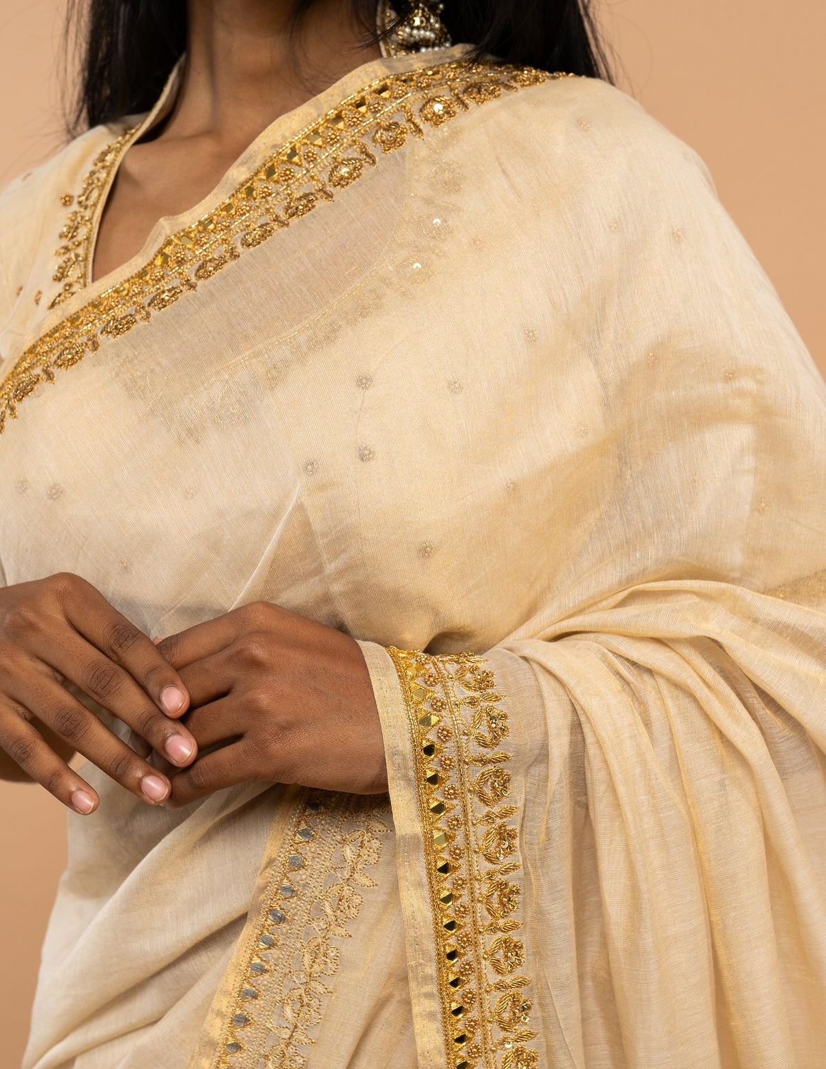 Cream gold zari and mirror saree – Tissue silk