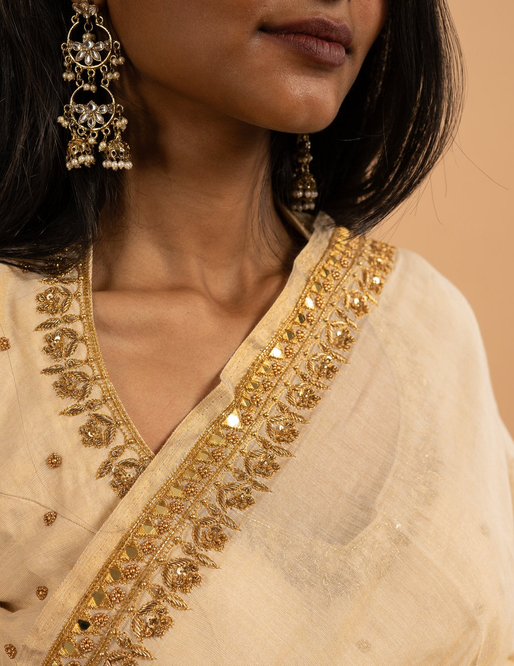 Cream gold zari and mirror saree – Tissue silk