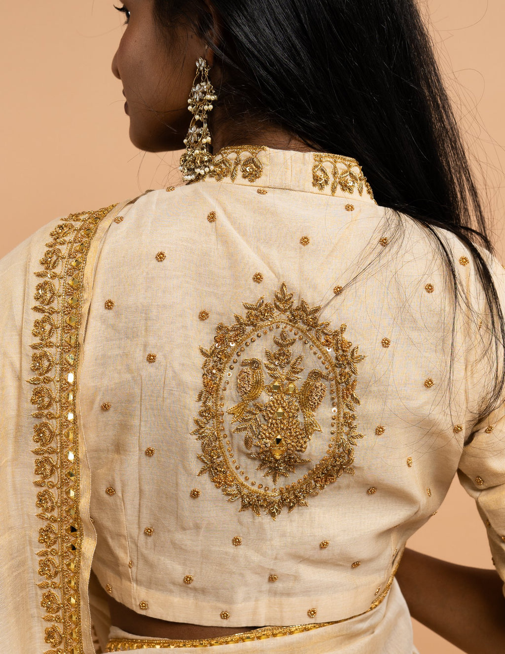 Cream gold zari and mirror saree – Tissue silk