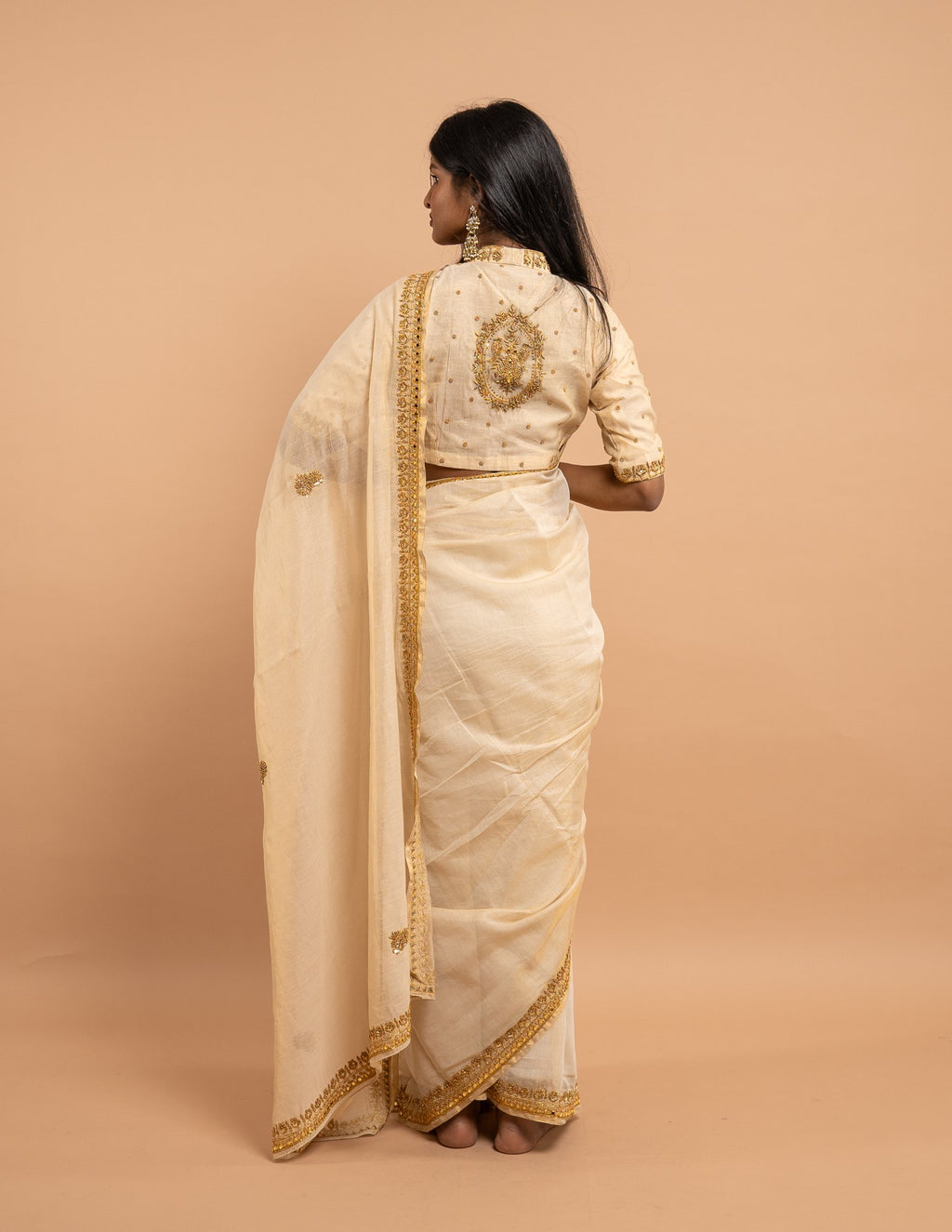 Cream gold zari and mirror saree – Tissue silk