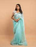 Aqua mirror and bead border saree – Organza silk