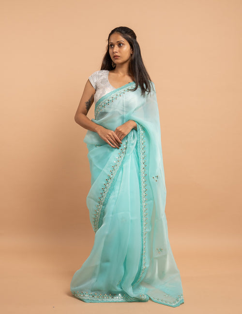 Aqua mirror and bead border saree – Organza silk