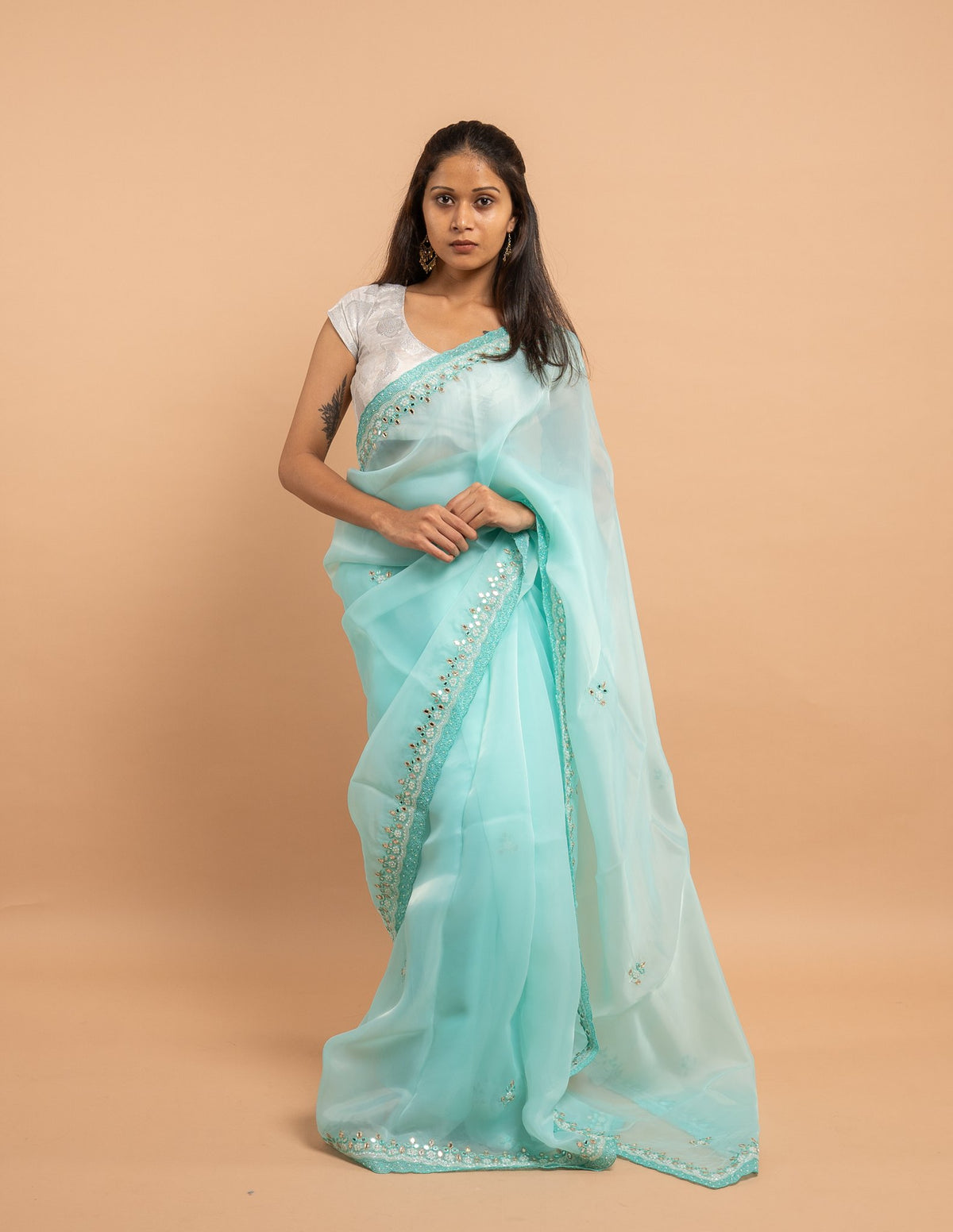 Aqua mirror and bead border saree – Organza silk